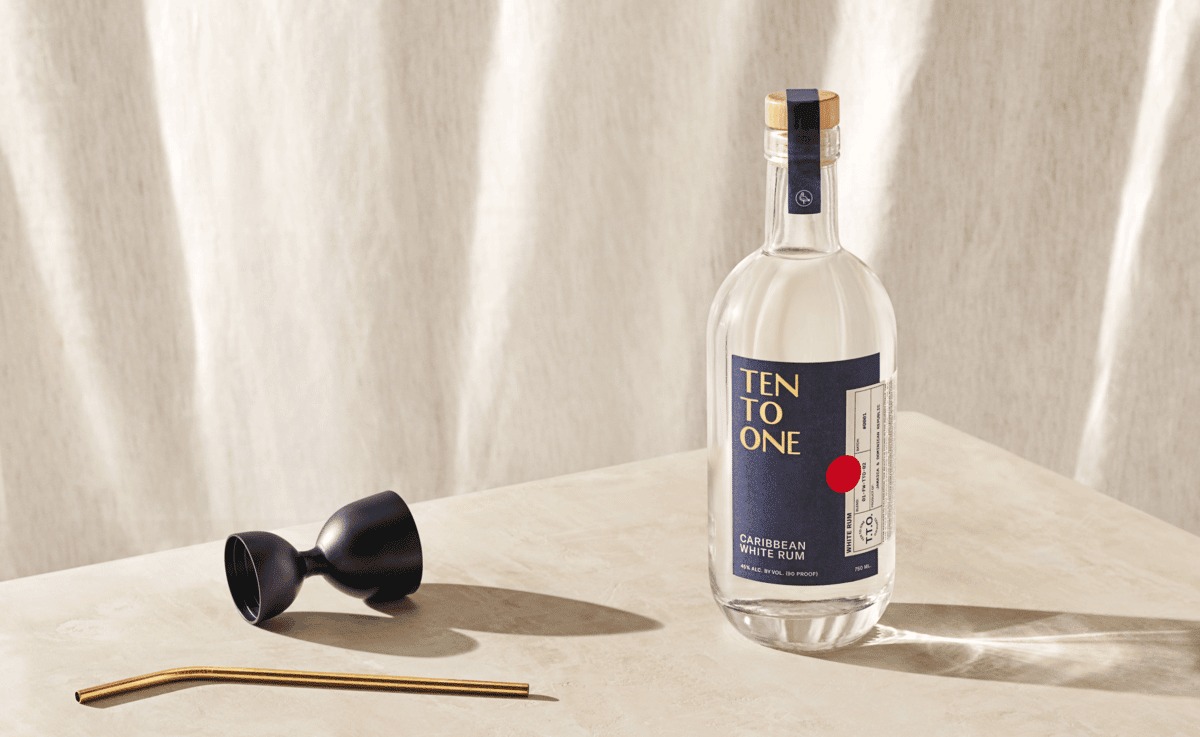 Ten To One White Rum Bottle and cocktail tools