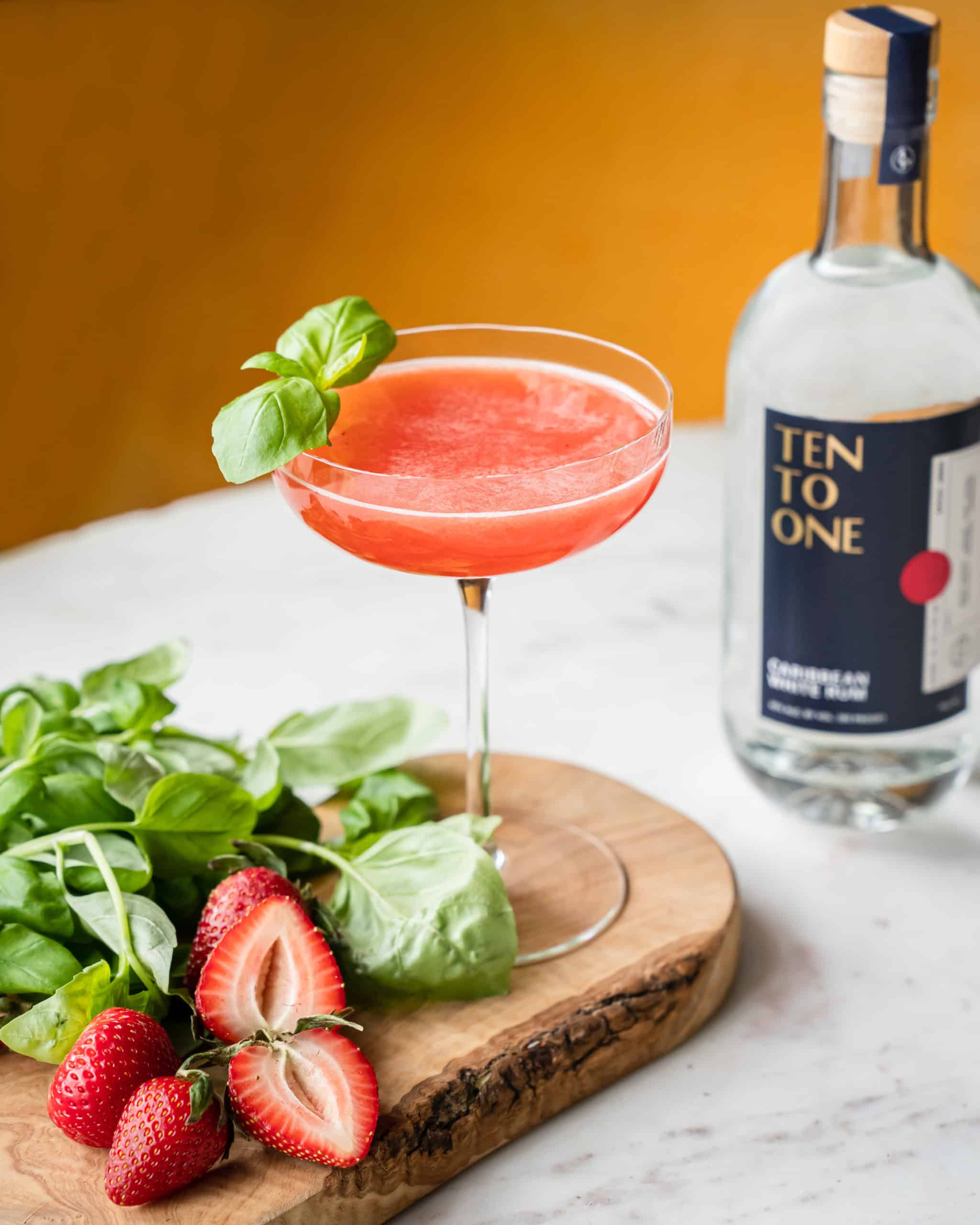 Strawberry Basil Daiquiri In Coupe with Ten To One White Rum